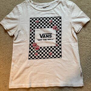 VANS "Off The Wall" Woman’s White T Shirt Pink Floral Flowers Graphic - Small